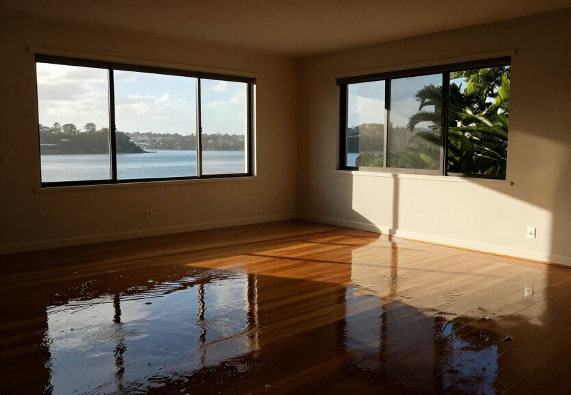 Flooded living room in Cambridge Park home with water covering carpet